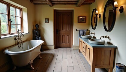 Country-style rustic bathroom with freestanding wooden bathtub and antique brass fixtures