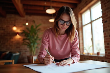woman seated at wooden table drawing sketching brick wall window