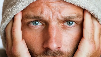 A man with a concerned expression, holding his head in his hands, reflecting deep thought and emotional stress.