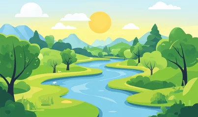 Gordijnen Serene landscape with river, lush greenery, mountains, and bright sun © k_viktar