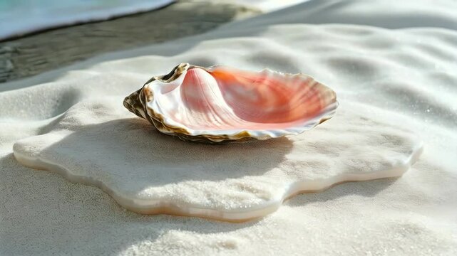 A pearl platform and podium with a pink oyster shell placed on white sand, reflecting the sparkle of water on the ocean floor