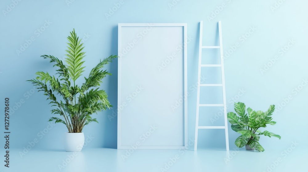 Poster 3d ladder ascending into a simple rectangular frame with green plants minimalist design indoor setti