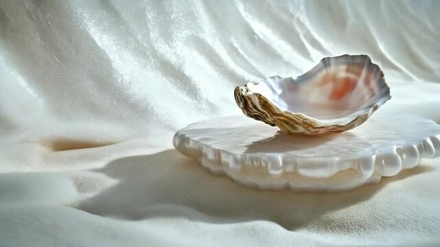 A pearl platform and podium with a pink oyster shell placed on white sand, reflecting the sparkle of water on the ocean floor