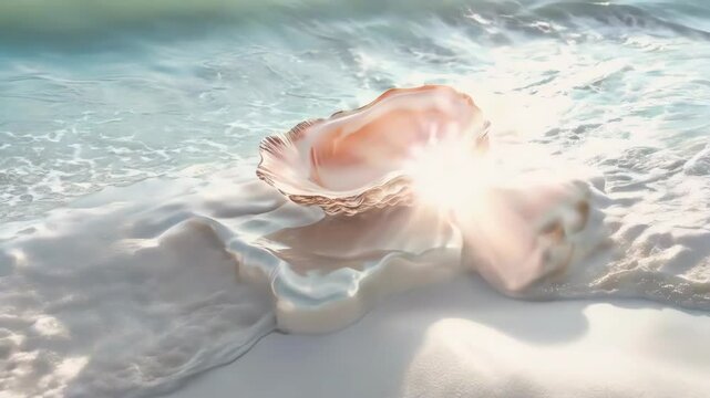 A pearl platform and podium with a pink oyster shell placed on white sand, reflecting the sparkle of water on the ocean floor
