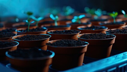 Seedlings sprouting in small pots, indoor grow lights, close-up