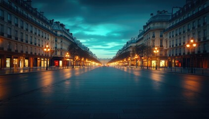 Paris street at dawn, empty, Parisian architecture, tranquil ambiance