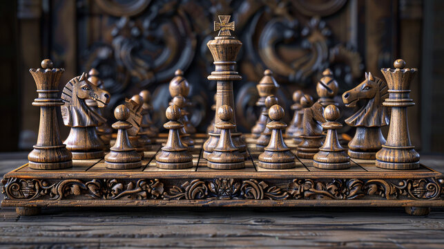 A beautifully crafted wooden chess set displayed on a dark walnut board, each piece hand-carved with intricate details. Soft lighting highlights the rich textures of the wood.