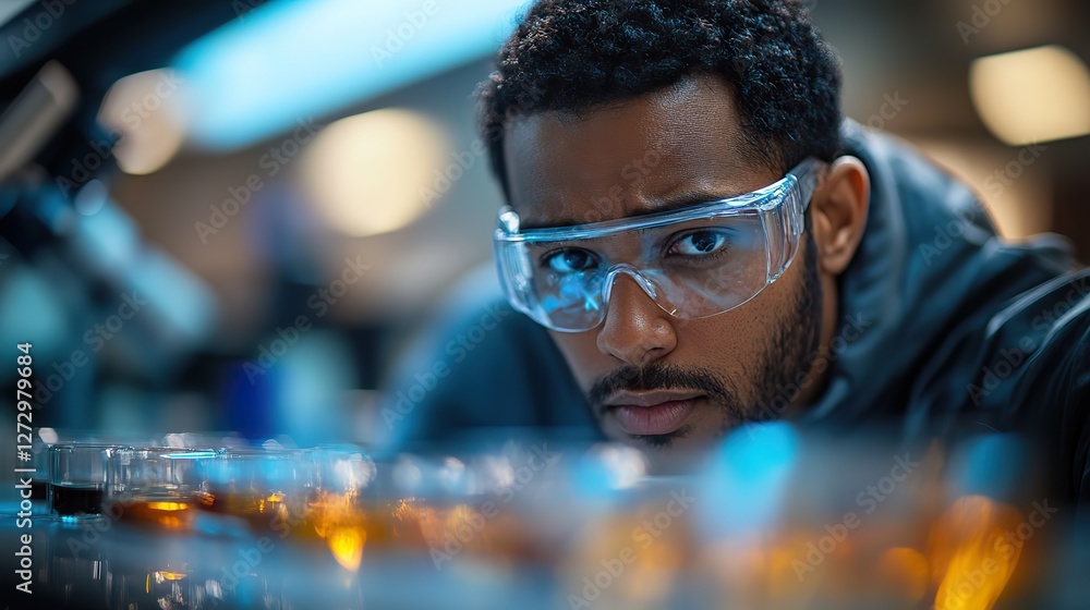 Poster laboratory technician conducting microscopic bacteriological analysis using reagents in a modern mic