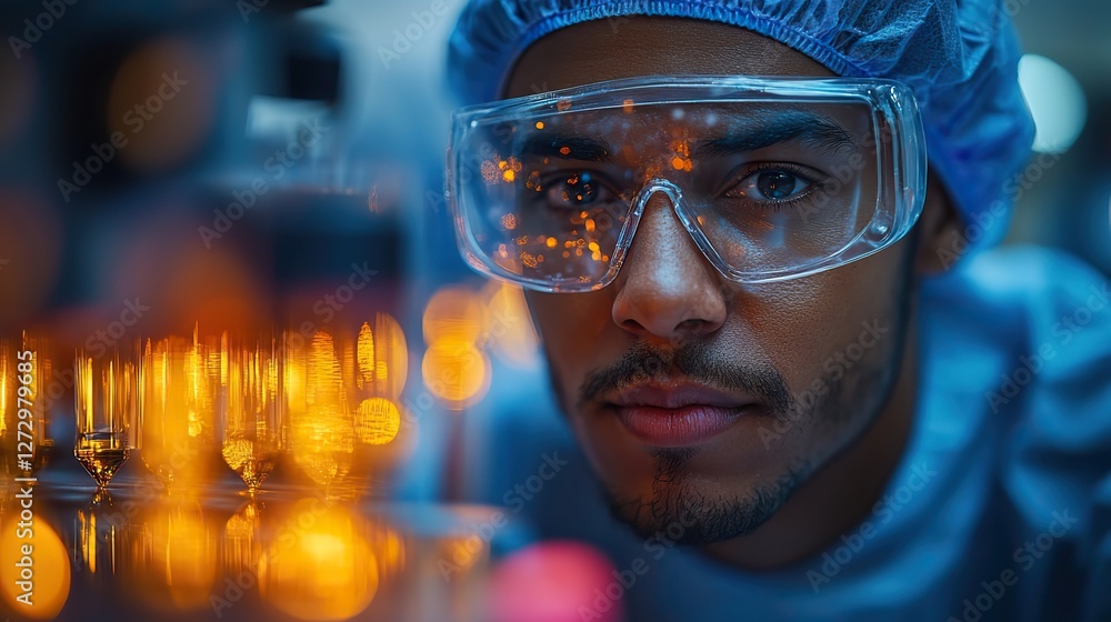 Poster laboratory technician conducting microscopic bacteriological analysis using reagents in a modern mic