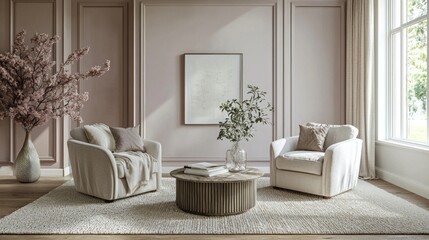 Elegant Living Room Interior Design:  Beige Armchairs, Neutral Tones, and Natural Light
