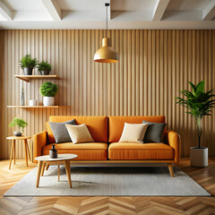 A stylish modern living room featuring an orange sofa, wooden accents, and a cozy, elegant atmosphere.