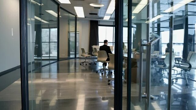 Wide-angle video shot of a modern office meeting room with glass walls, capturing a professional business discussion in progress.