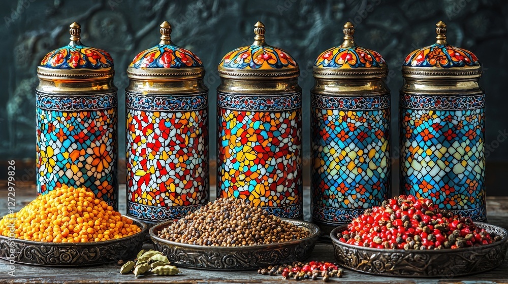 Poster three distinctive jars grouped together displaying a range of delicacies in unique designs