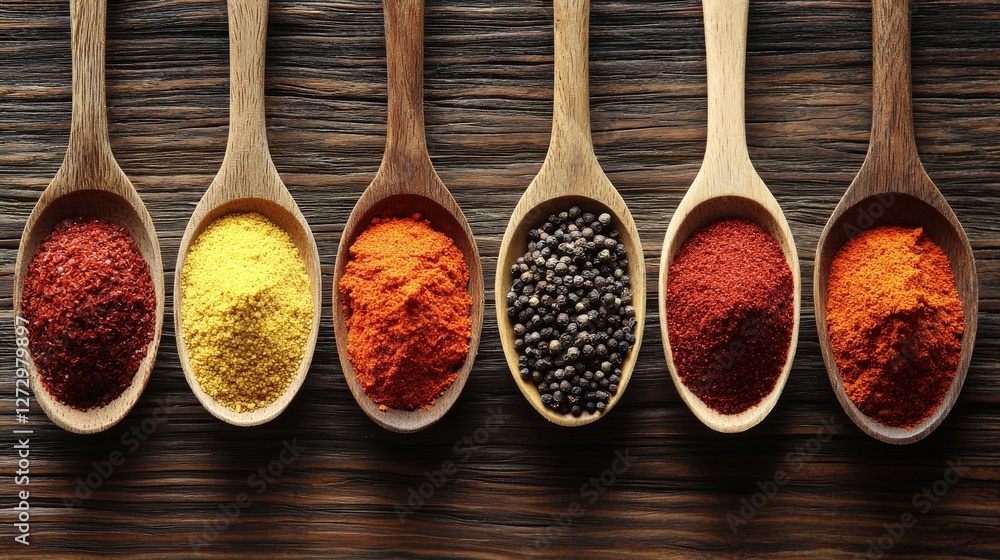 Poster a row of colorful wooden spoons filled with different spices on a rustic wooden surface
