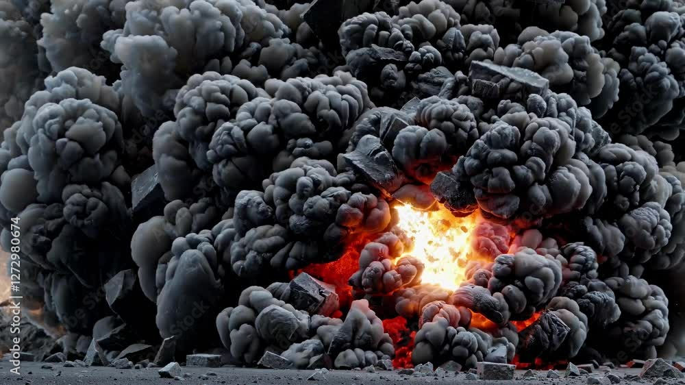 Poster dynamic video still of an explosion with debris and smoke, captured from a low angle, showcasing int