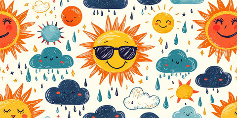 Pattern with playful motifs of sun, rain, clouds
