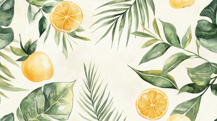 Tropical Watercolor Patterns with Fruits and Palm Leaves