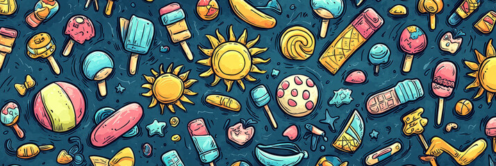 Naklejka premium Playful Summer Doodle Patterns with Ice Cream and Sun Icons