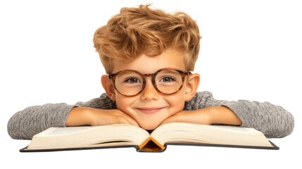 Young boy with glasses engrossed in reading, finding adventure and knowledge in a book. the importance of education learning