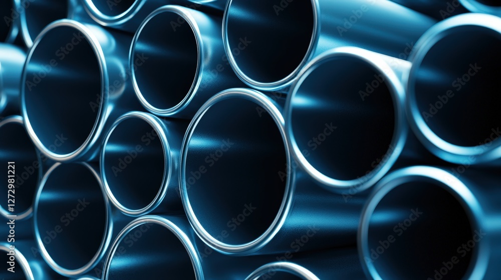 Poster a close-up view of metallic pipes arranged in a circular pattern, highlighting their smooth surface 