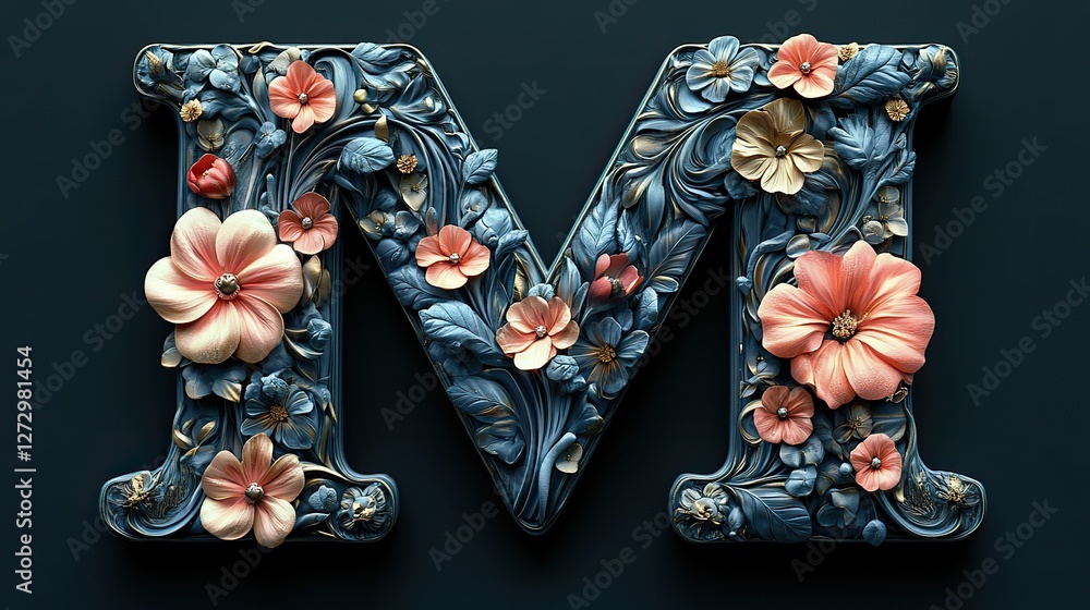 Poster letter m crafted with intricate flower elements in 3d rendering studio lighting png format with tran