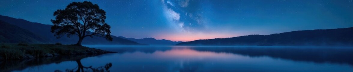 Fototapeta premium Serene lake scene with tree reflected in calm water under starry sky at night, serene lake, nature