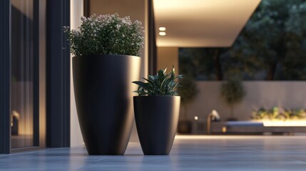 Fototapeta premium Ultra-realistic, high-definition 8K rendering of a pair of modern conical flower pots, made from sleek matte black fiberstone material.