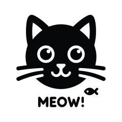 Black cat face vector logo icon, simple flat design on a white background, no shadow under the head of the black, cute kitten, vector illustration style, simple line art, symmetrical composition, logo