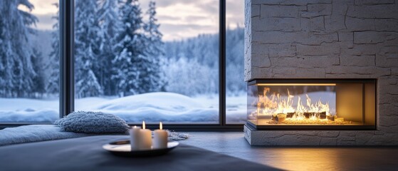 Modern living room cozy winter gathering by luxury fireplace with snowy outdoor views