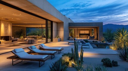Obraz premium Desert Oasis: Modern Architectural Marvel at Dusk
