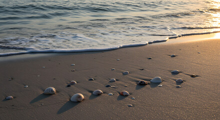 Seashells on Sandy Beach at Sunset with Gentle Waves