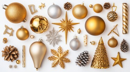 Fototapeta premium Elegant Gold and Silver Christmas Ornaments Arranged on a White Background for Holiday Decoration