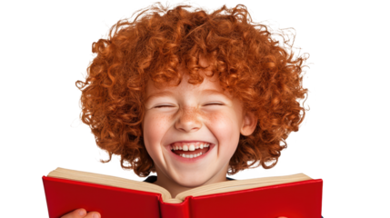 Smiling girl with curly red hair engrossed in a book. the joy of reading and learning.
