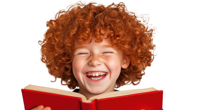Smiling girl with curly red hair engrossed in a book. the joy of reading and learning.