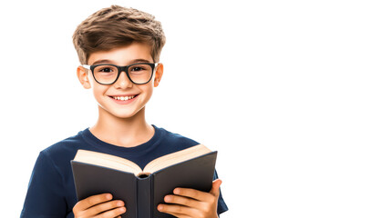 Curious young boy with glasses immersed in a book, exploring the world of reading and knowledge