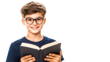 Curious young boy with glasses immersed in a book, exploring the world of reading and knowledge