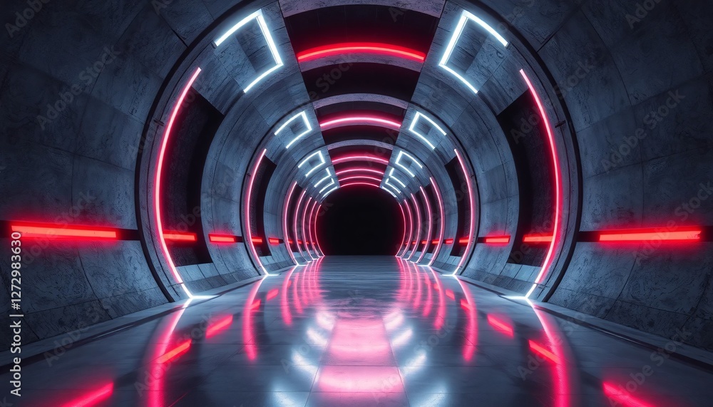 Poster futuristic tunnel with neon lights. a modern architectural marvel with smooth gray walls and red and