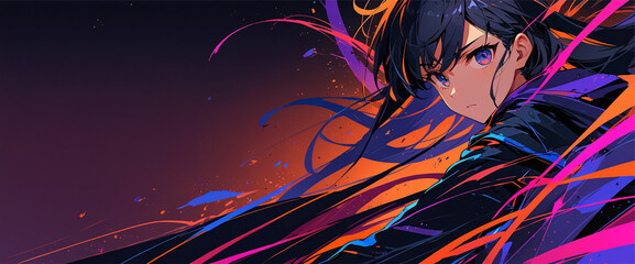Naklejka premium Anime-style digital artwork featuring a female character with dark hair and striking blue eyes, flowing hair and a dark outfit against a colorful, gradient background