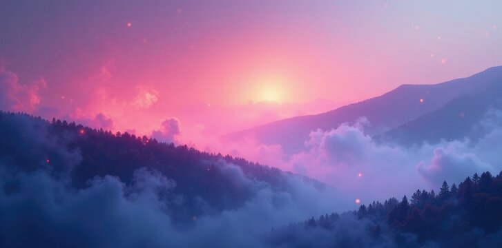 Shimmering, iridescent shapes of light materialize in the air as a soft, pulsing mist envelops a serene, abstract landscape, abstract, gentle haze, glowing