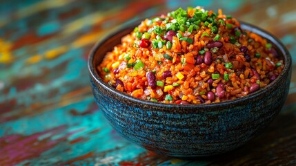 A colorful bowl of rice with vegetables and beans, showcasing a vibrant food presentation.