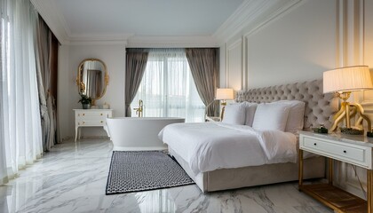 Luxury white marble bedroom and bathroom, tub