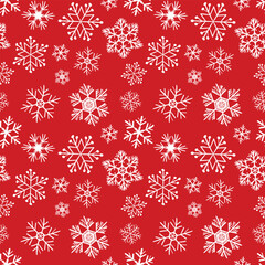 Winter seamless pattern with white snowflakes on red background. Vector illustration for fabric, textile wallpaper, posters, gift wrapping paper. Christmas vector illustration.