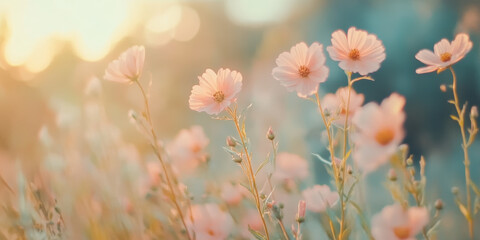 Obraz premium Soft morning light on blooming pink cosmos flowers in tranquil nature setting with dreamy pastel tones