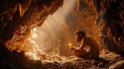 Homo Floresiensis Exploring Ancient Cave on Flores Island In Under Mysterious Torchlight Glow