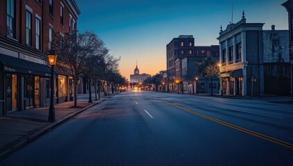 Fototapeta premium Empty city street at dawn, historic buildings, sunrise