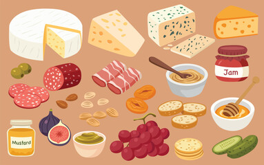 Cheese and Charcuterie Board Illustration with Meats, Fruits, Nuts, and Spreads