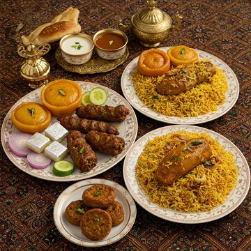 A beautifully arranged Mughlai feast featuring chicken biryani, seekh kebabs, kebabs, traditional sweets, and chutneys, served on ornate tableware.
