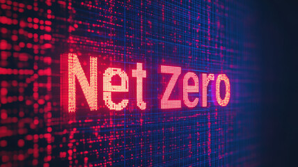 Net Zero digital typography with vibrant colors and futuristic design, symbolizing sustainability and environmental goals
