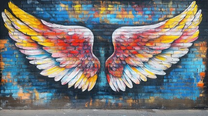 Colorful mural of angel wings on a brick wall in an urban setting, showcasing vibrant hues and artistic creativity