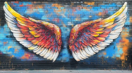 Vibrant mural featuring angel wings on a city brick wall, showcasing bright colors and intricate details
